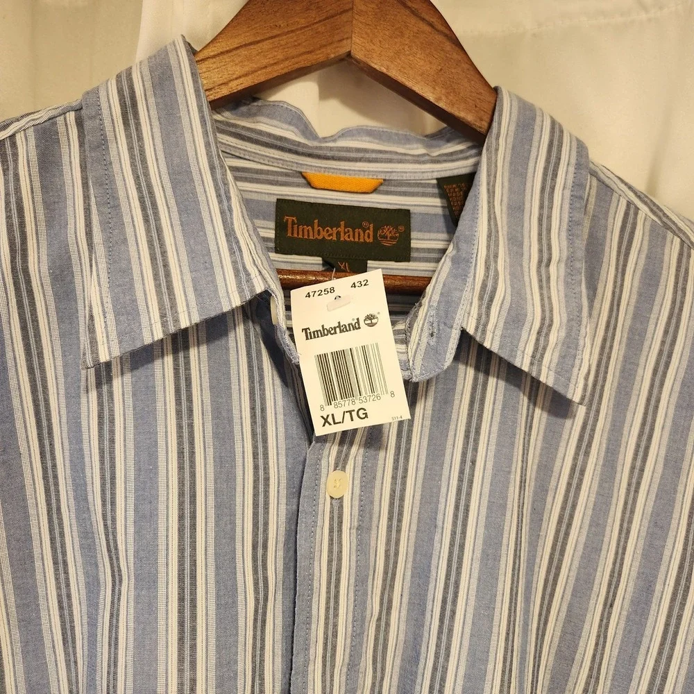 NWT  Timberland Long Sleeve Button Up Shirt  Blue White Striped‎ Cotton Men's XL